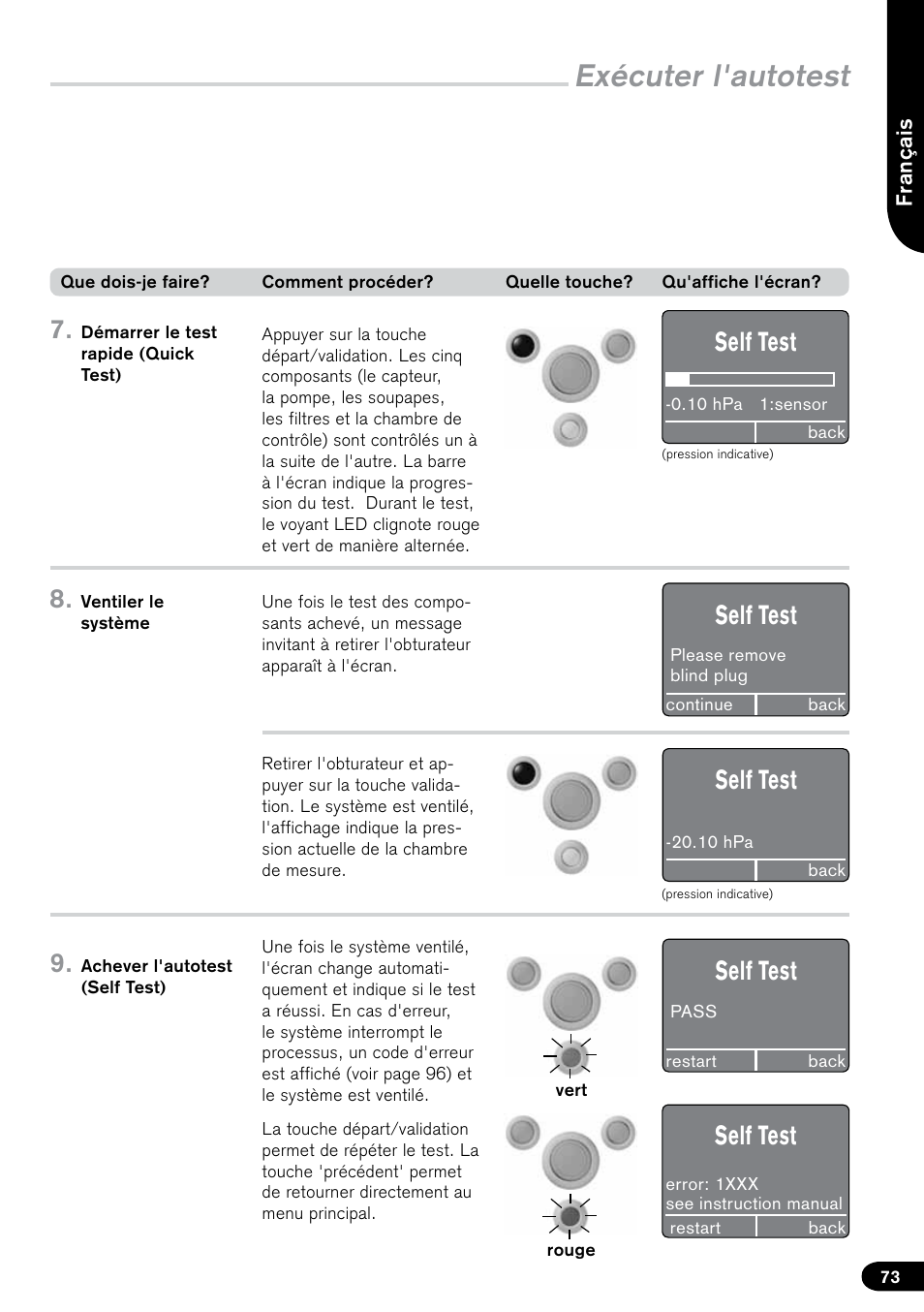 Exécuter l'autotest, Self test | BrandTech Scientific PLT unit Pipette Leak Testing Unit User Manual | Page 73 / 132