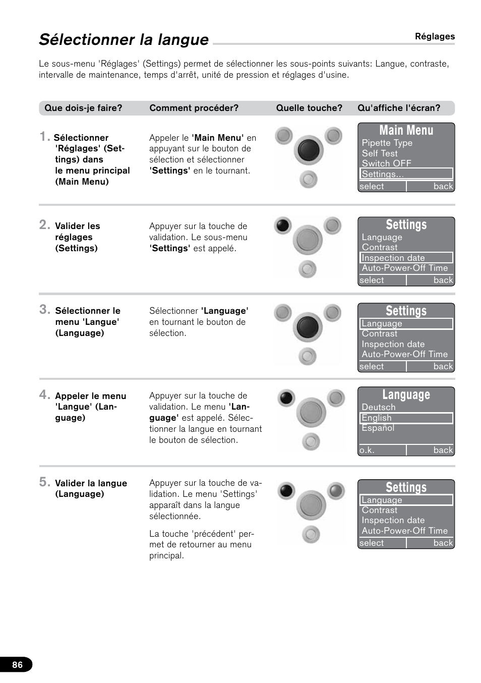 Sélectionner la langue, Main menu, Settings | Language | BrandTech Scientific PLT unit Pipette Leak Testing Unit User Manual | Page 86 / 132