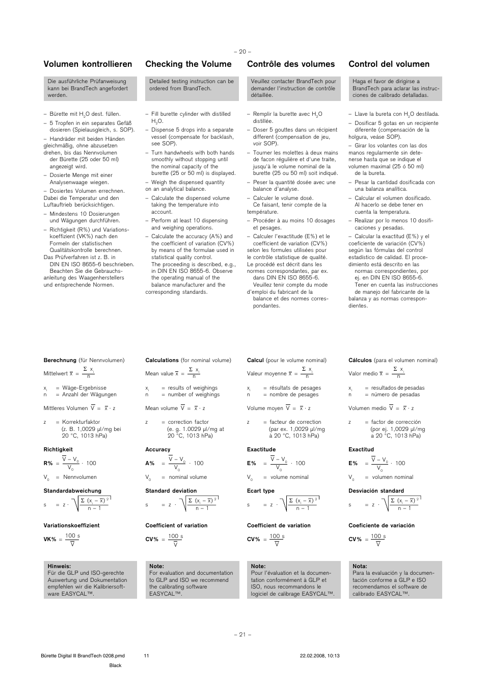 Volumen kontrollieren checking the volume, Contrôle des volumes control del volumen | BrandTech Scientific Digital Buret TMIII Burette Digitale TMIII User Manual | Page 11 / 17