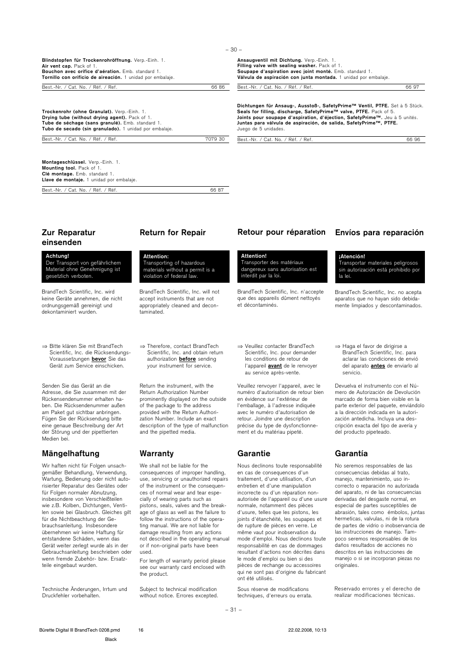 Zur reparatur einsenden, Return for repair, Retour pour réparation | Envíos para reparación, Mängelhaftung, Warranty, Garantie, Garantía | BrandTech Scientific Digital Buret TMIII Burette Digitale TMIII User Manual | Page 16 / 17
