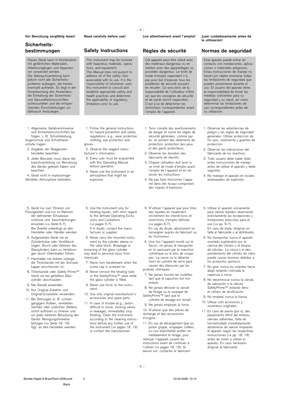 Normas de seguridad, Règles de sécurité sicherheits- bestimmungen, Safety instructions | BrandTech Scientific Digital Buret TMIII Burette Digitale TMIII User Manual | Page 3 / 17