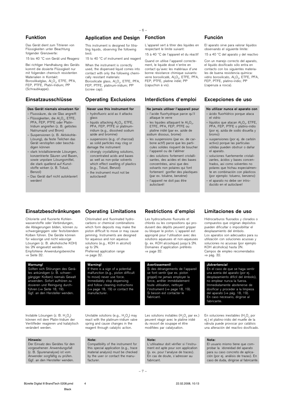 Funktion, Application and design, Fonction | Función, Einsatzbeschränkungen, Operating limitations, Restrictions d'emploi, Limitaciones de uso | BrandTech Scientific Digital Buret TMIII Burette Digitale TMIII User Manual | Page 4 / 17