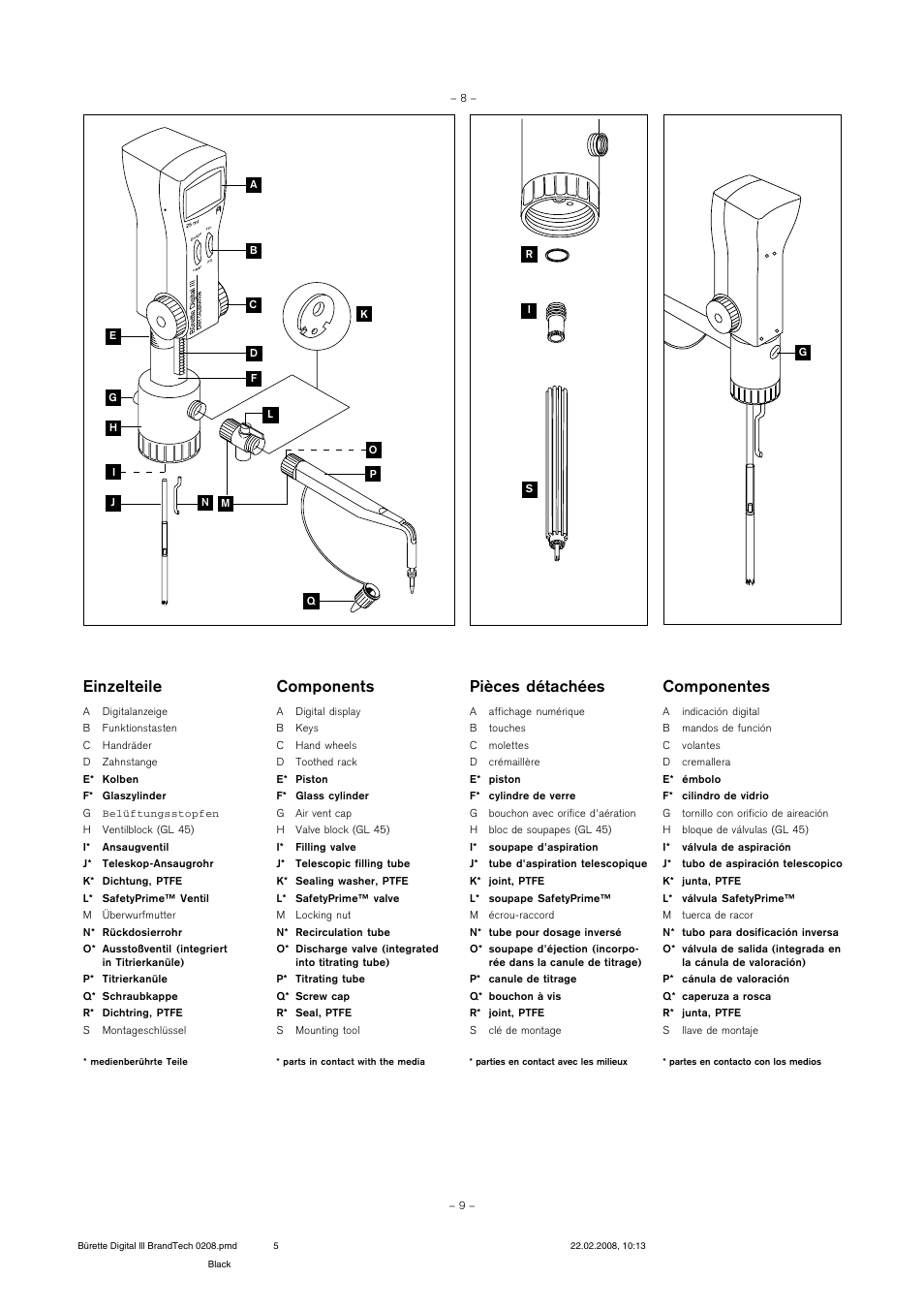Einzelteile, Components, Pièces détachées | Componentes | BrandTech Scientific Digital Buret TMIII Burette Digitale TMIII User Manual | Page 5 / 17
