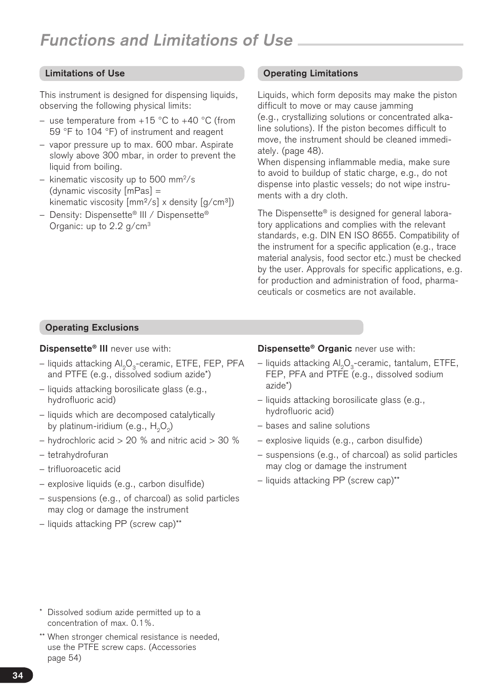 Functions and limitations of use | BrandTech Scientific Dispensette III User Manual | Page 34 / 116