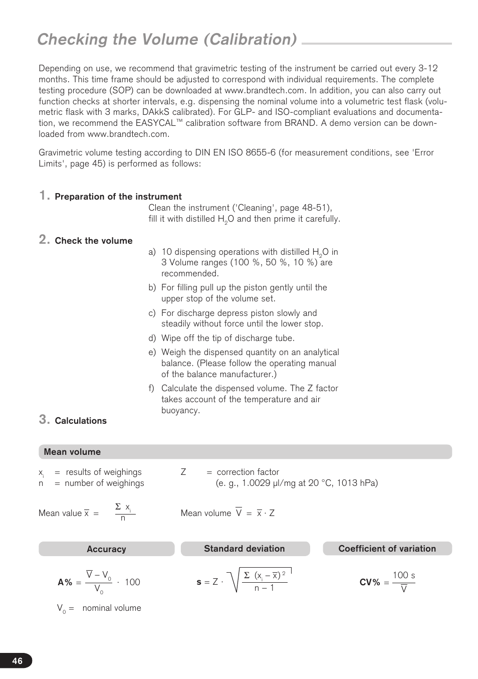 Checking the volume (calibration) | BrandTech Scientific Dispensette III User Manual | Page 46 / 116