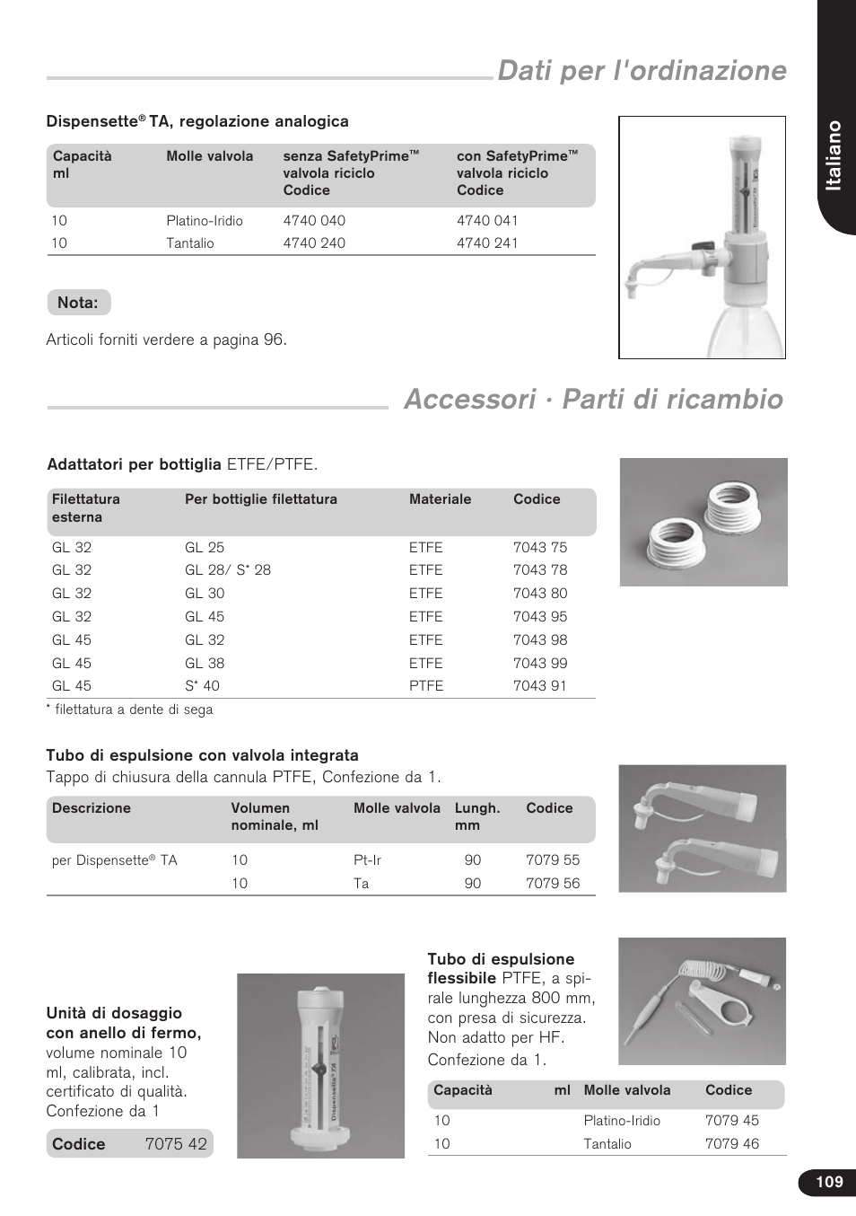 Dati per l'ordinazione, Accessori · parti di ricambio, Italiano | BrandTech Scientific Dispensette TA User Manual | Page 109 / 114