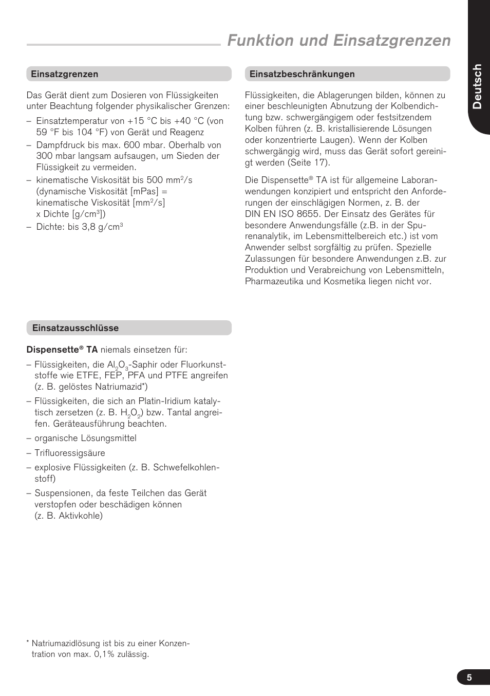 Funktion und einsatzgrenzen, Deutsch | BrandTech Scientific Dispensette TA User Manual | Page 5 / 114