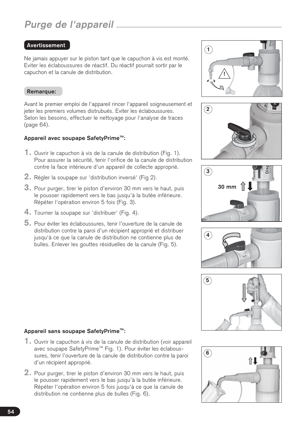 Purge de l'appareil | BrandTech Scientific Dispensette TA User Manual | Page 54 / 114