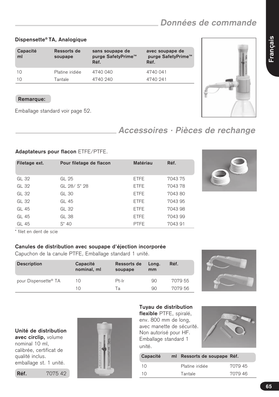 Données de commande, Accessoires · pièces de rechange, Français | BrandTech Scientific Dispensette TA User Manual | Page 65 / 114