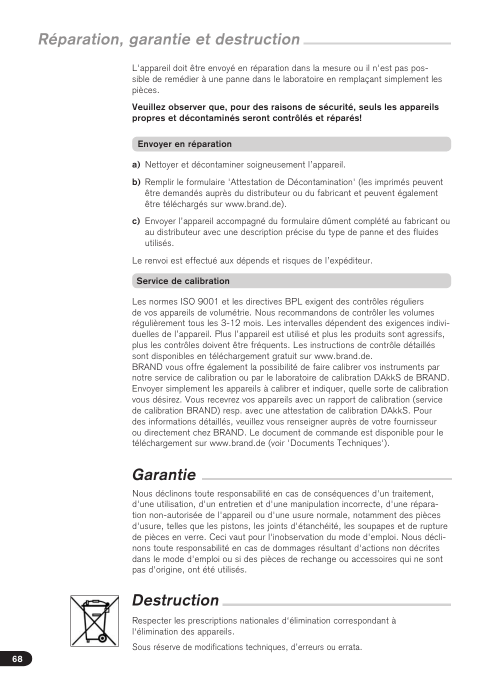 Réparation, garantie et destruction destruction, Garantie | BrandTech Scientific Dispensette TA User Manual | Page 68 / 114