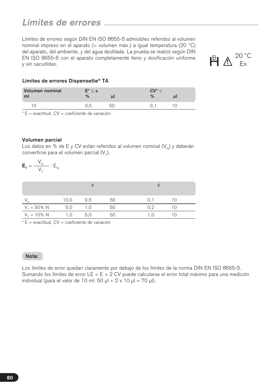 Límites de errores, 20 °c ex | BrandTech Scientific Dispensette TA User Manual | Page 80 / 114