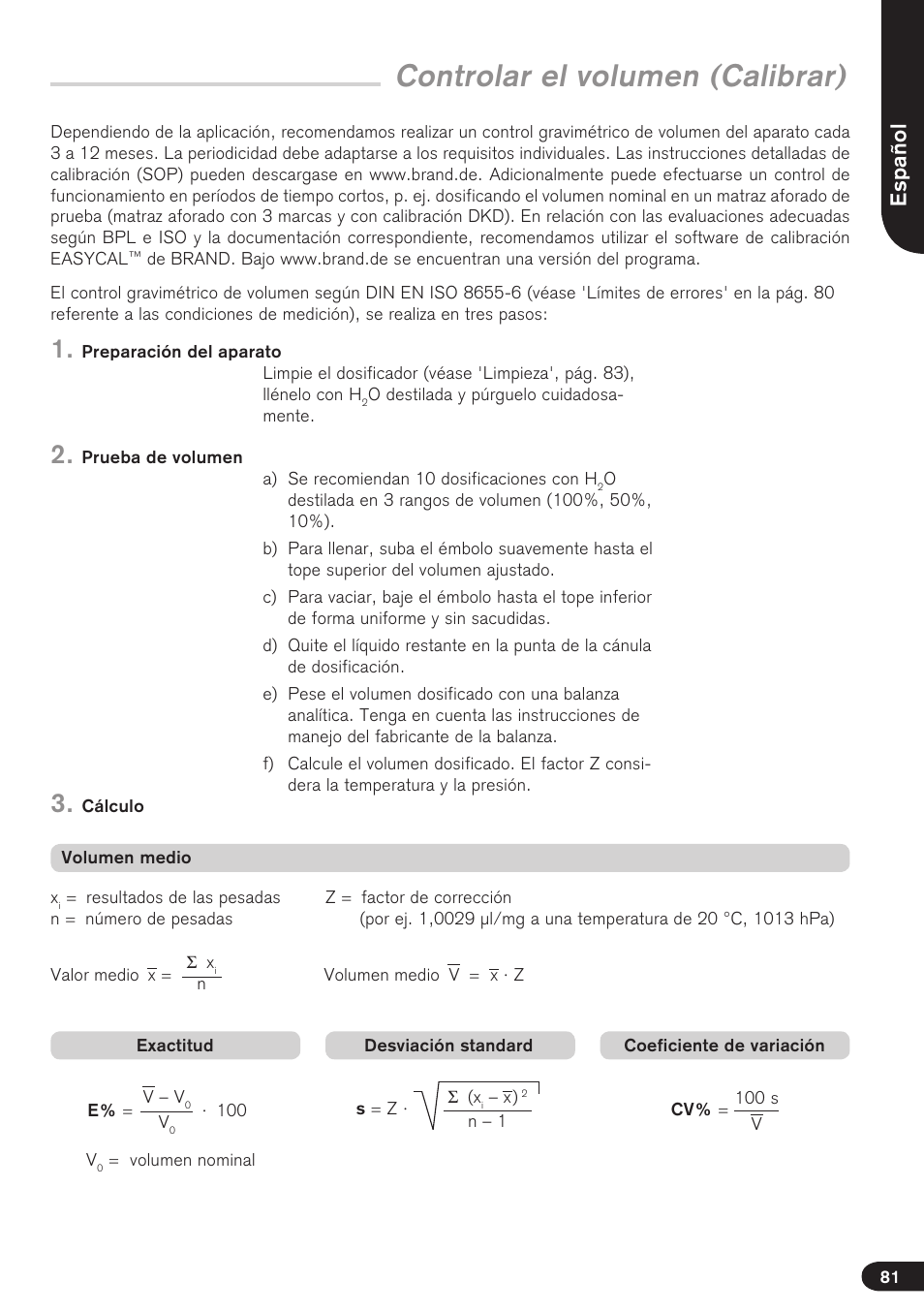 Controlar el volumen (calibrar), Español | BrandTech Scientific Dispensette TA User Manual | Page 81 / 114