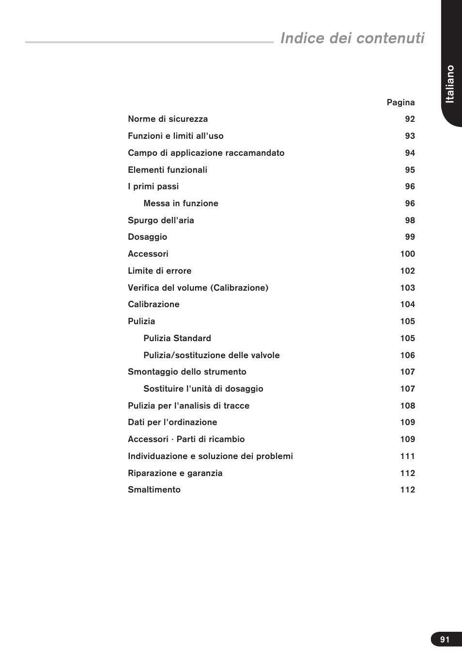 Indice dei contenuti, Italiano | BrandTech Scientific Dispensette TA User Manual | Page 91 / 114