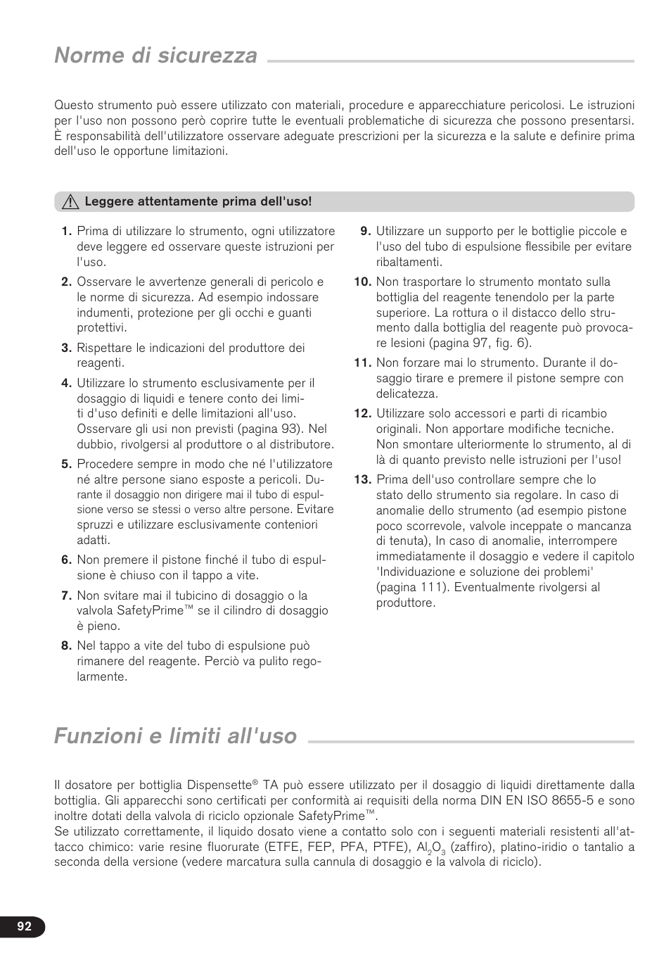 Norme di sicurezza, Funzioni e limiti all'uso | BrandTech Scientific Dispensette TA User Manual | Page 92 / 114