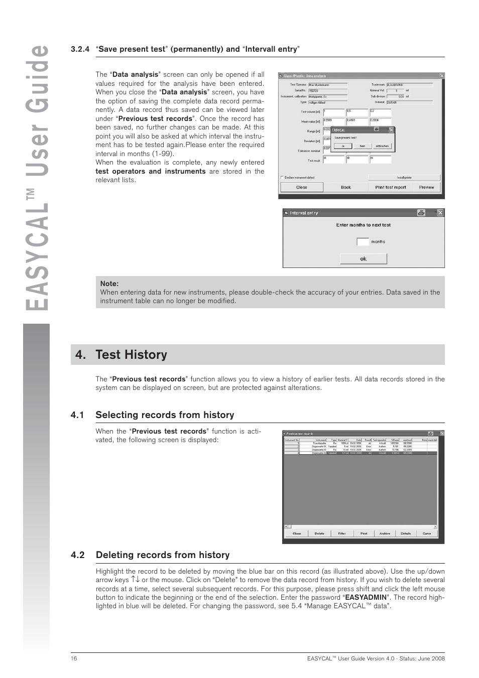Easycal, User guide, Test history | BrandTech Scientific EASYCAL 4.0 User Manual | Page 16 / 36