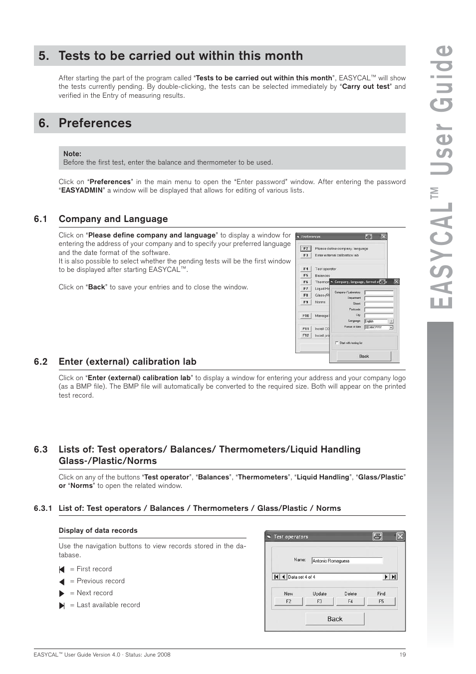 Easycal, User guide, Preferences | Tests to be carried out within this month | BrandTech Scientific EASYCAL 4.0 User Manual | Page 19 / 36