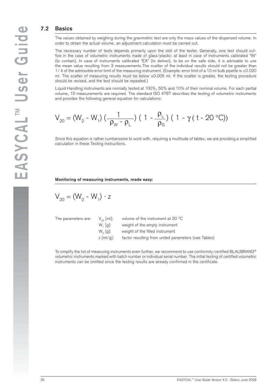 Easycal, User guide, 1 ) ( 1 - ρ | 1 - γ ( t - 20 °c)) ρ | BrandTech Scientific EASYCAL 4.0 User Manual | Page 26 / 36