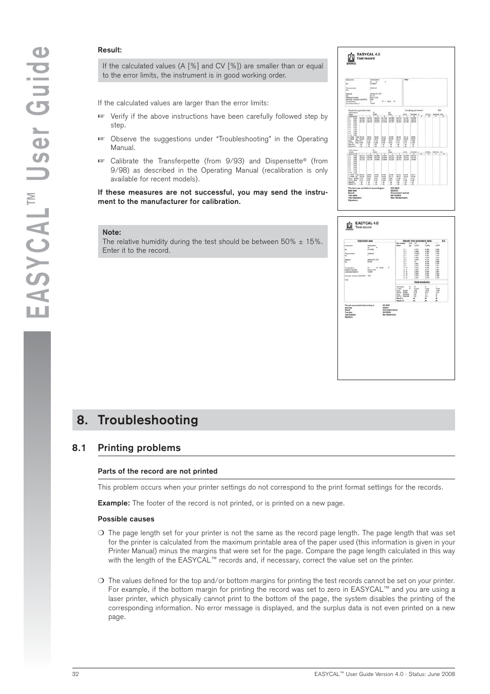 Easycal, User guide, Troubleshooting | BrandTech Scientific EASYCAL 4.0 User Manual | Page 32 / 36