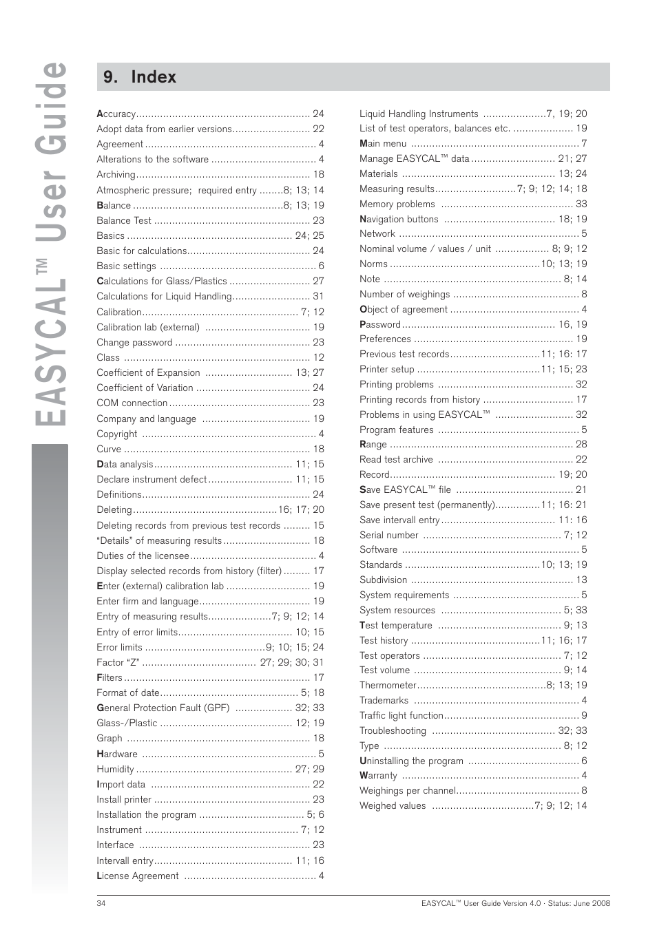 Easycal, User guide, Index | BrandTech Scientific EASYCAL 4.0 User Manual | Page 34 / 36