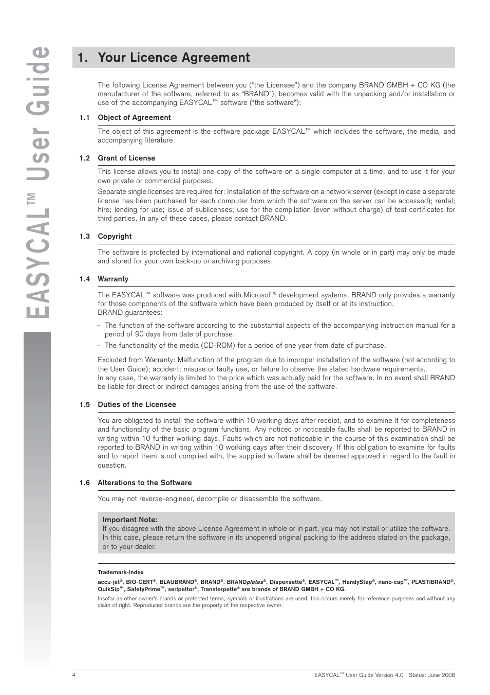 Easycal, User guide, Your licence agreement | BrandTech Scientific EASYCAL 4.0 User Manual | Page 4 / 36