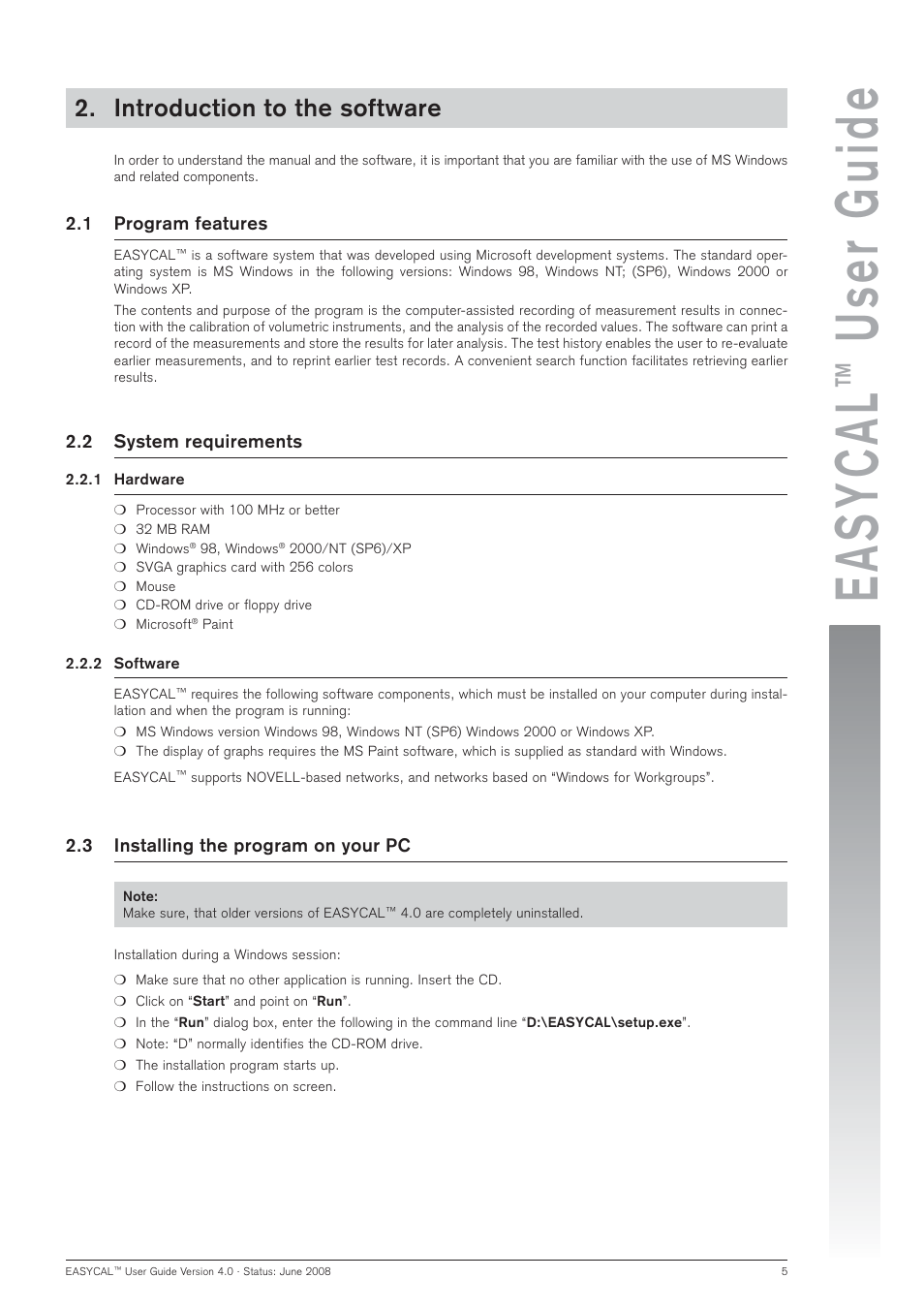 Easycal, User guide, Introduction to the software | BrandTech Scientific EASYCAL 4.0 User Manual | Page 5 / 36