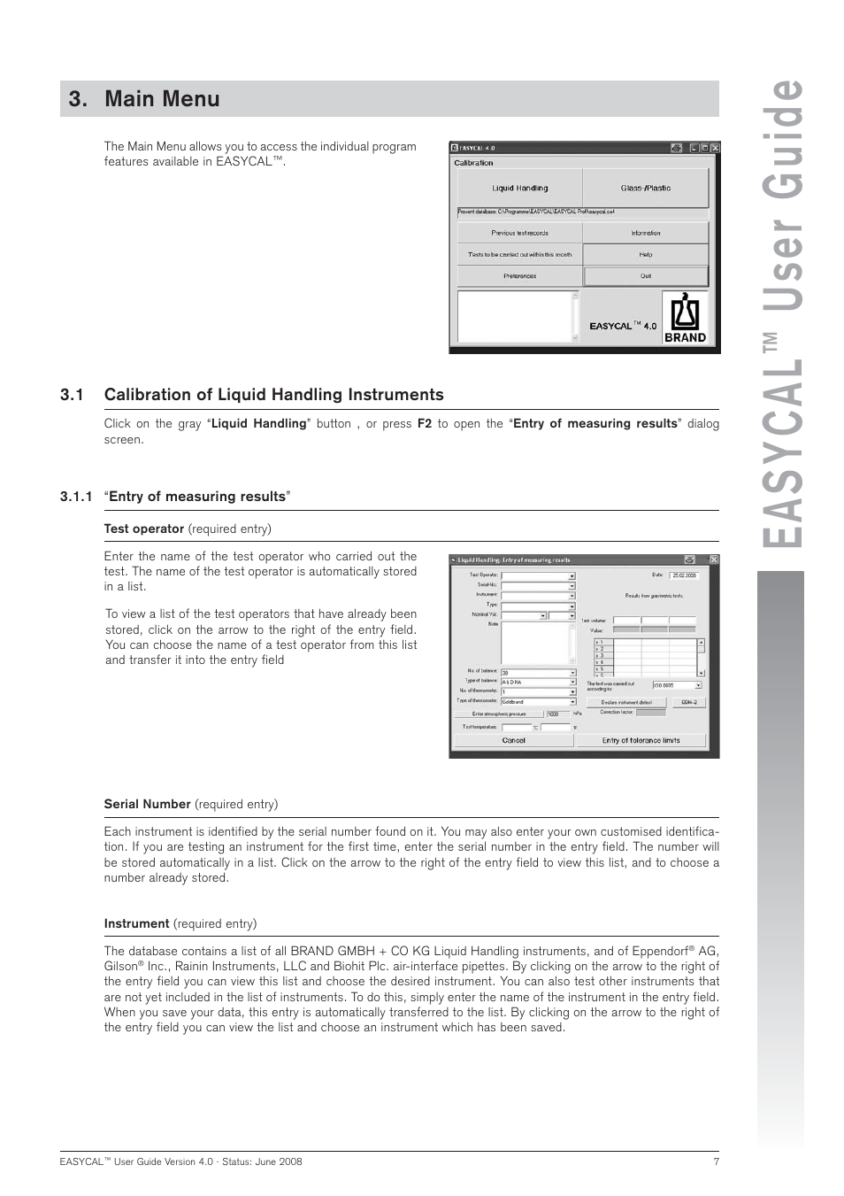 Easycal, User guide, Main menu | BrandTech Scientific EASYCAL 4.0 User Manual | Page 7 / 36