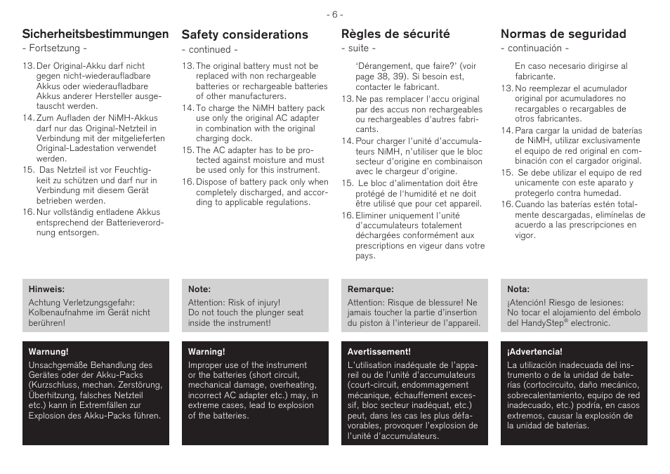 Safety considerations, Sicherheitsbestimmungen, Règles de sécurité | Normas de seguridad | BrandTech Scientific HandyStep electronic User Manual | Page 6 / 56