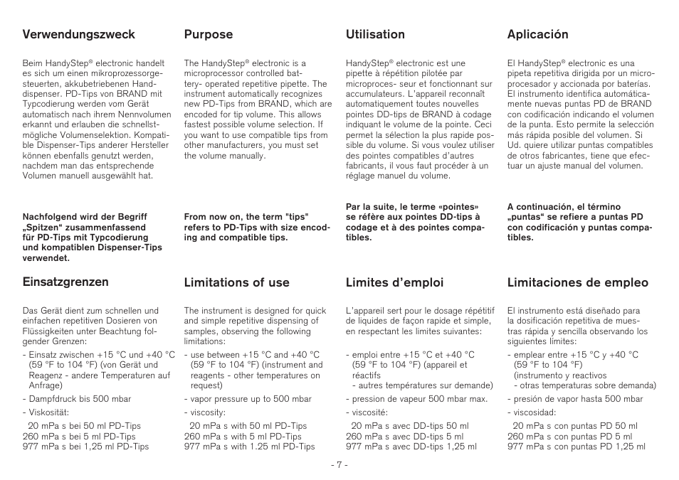 Purpose, Utilisation, Verwendungszweck | Aplicación, Einsatzgrenzen | BrandTech Scientific HandyStep electronic User Manual | Page 7 / 56