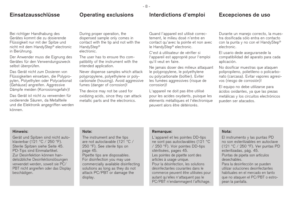 Operating exclusions, Interdictions d’emploi, Einsatzausschlüsse excepciones de uso | BrandTech Scientific HandyStep electronic User Manual | Page 8 / 56