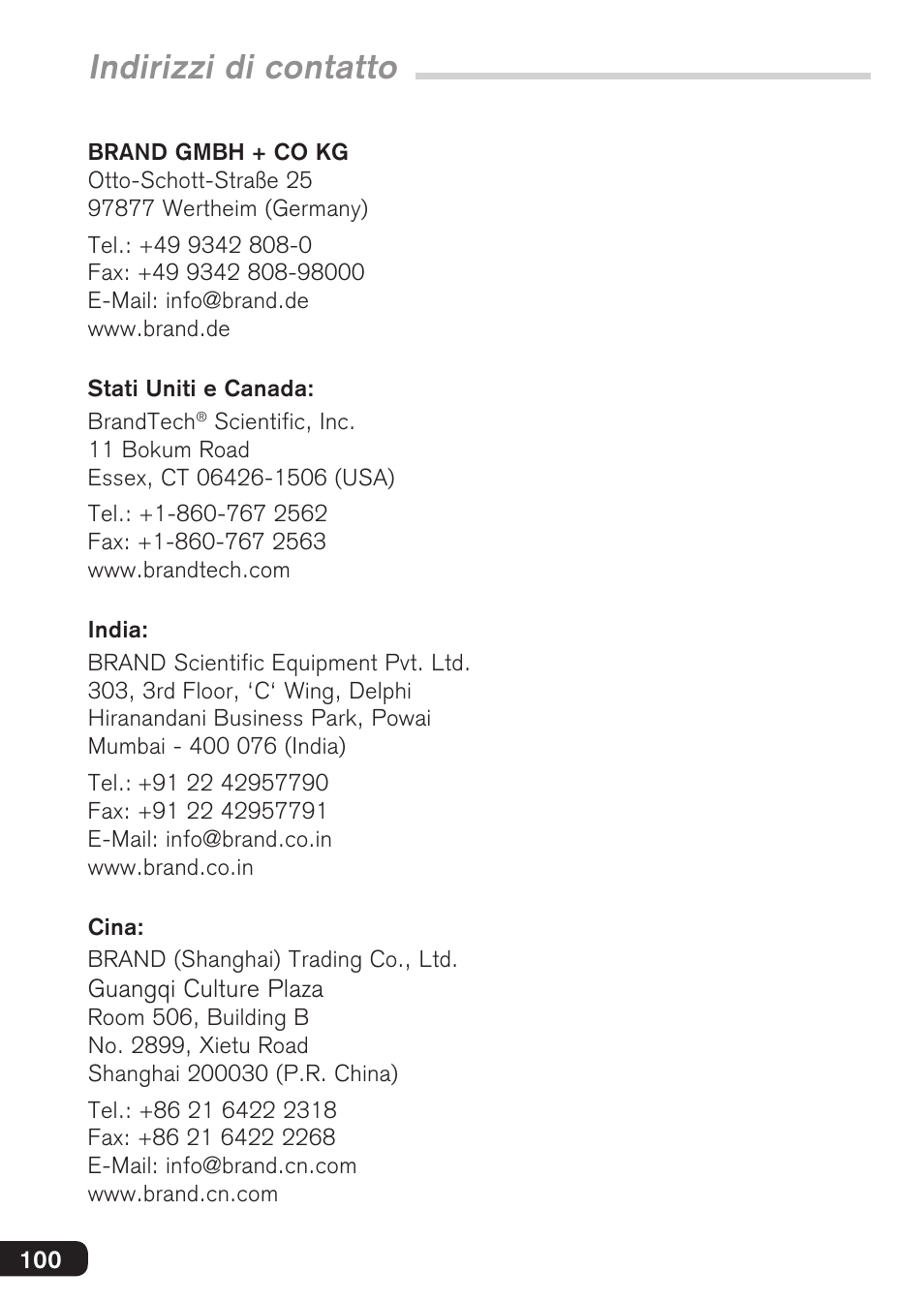 Indirizzi di contatto | BrandTech Scientific HandyStep S User Manual | Page 100 / 104