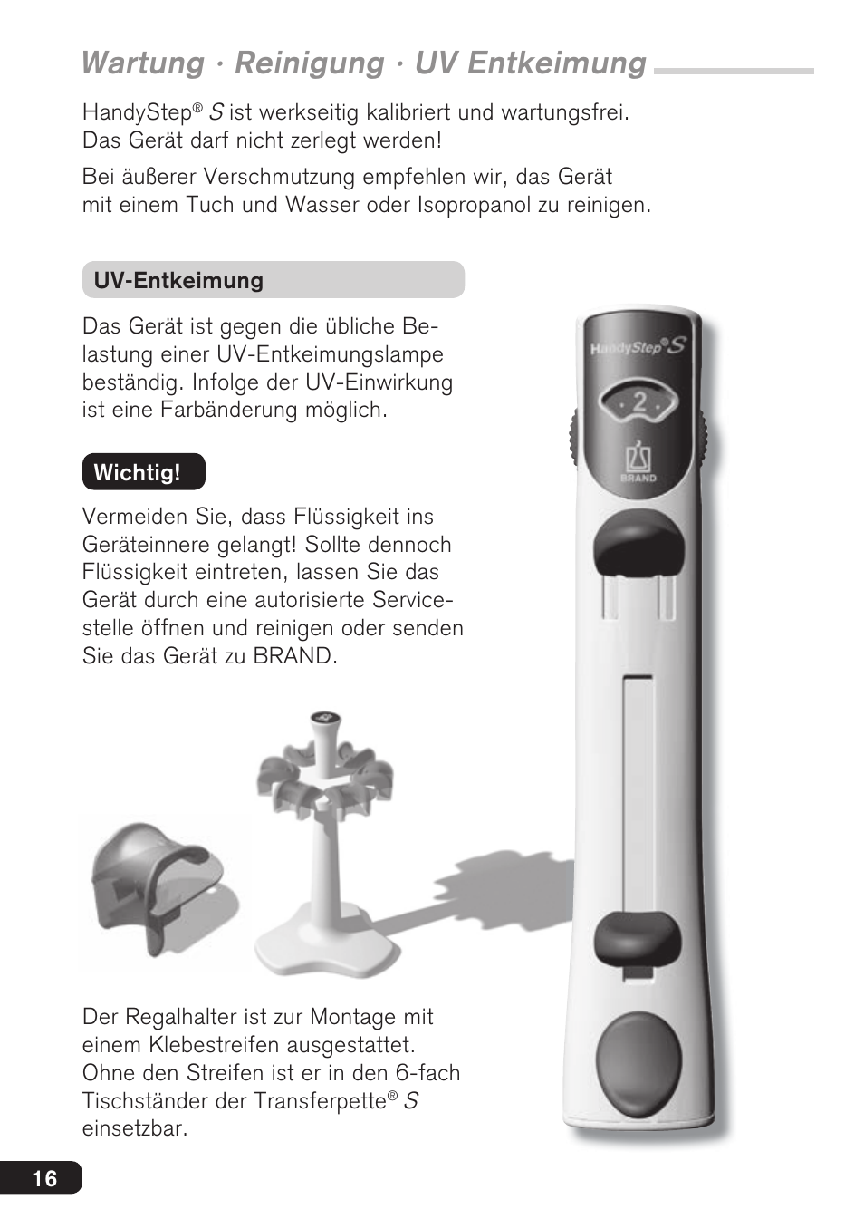Wartung · reinigung · uv entkeimung | BrandTech Scientific HandyStep S User Manual | Page 16 / 104