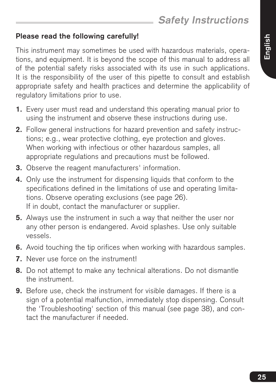 Safety instructions | BrandTech Scientific HandyStep S User Manual | Page 25 / 104
