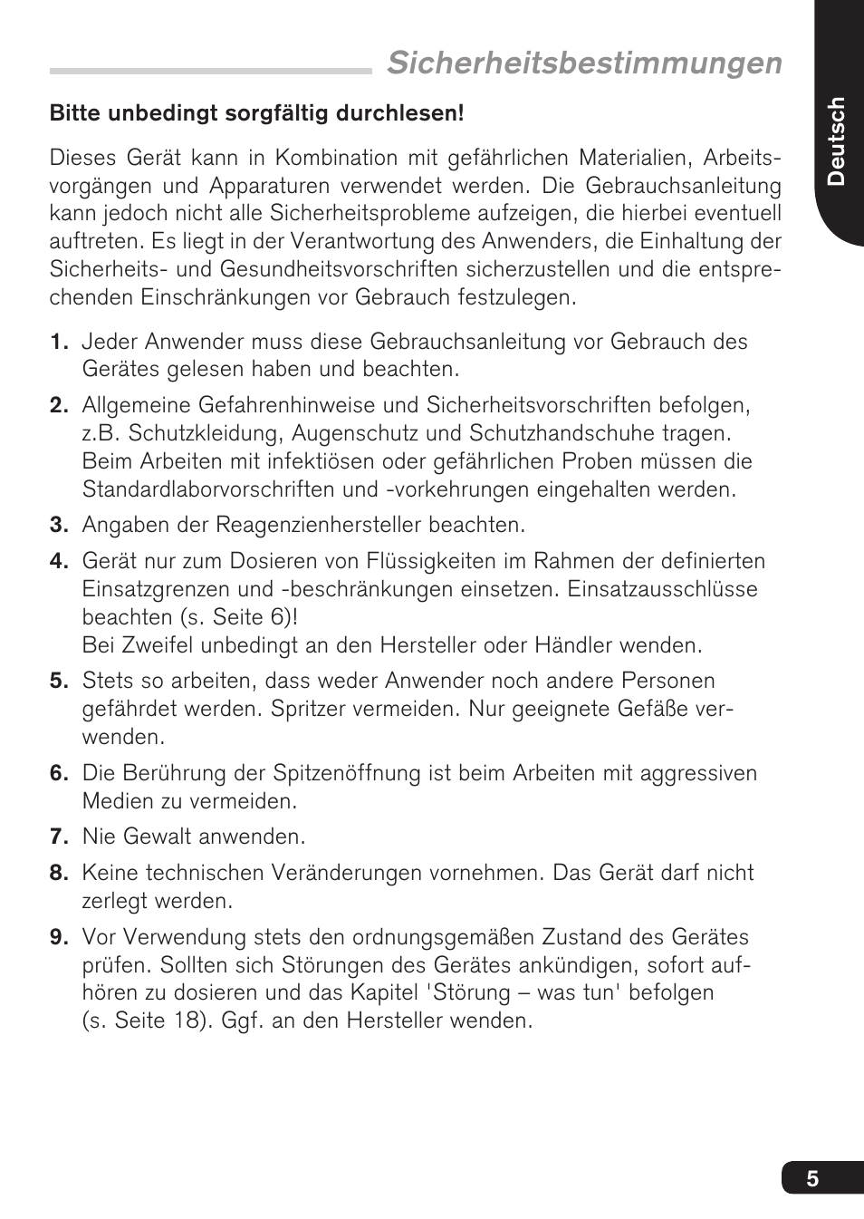 Sicherheitsbestimmungen | BrandTech Scientific HandyStep S User Manual | Page 5 / 104