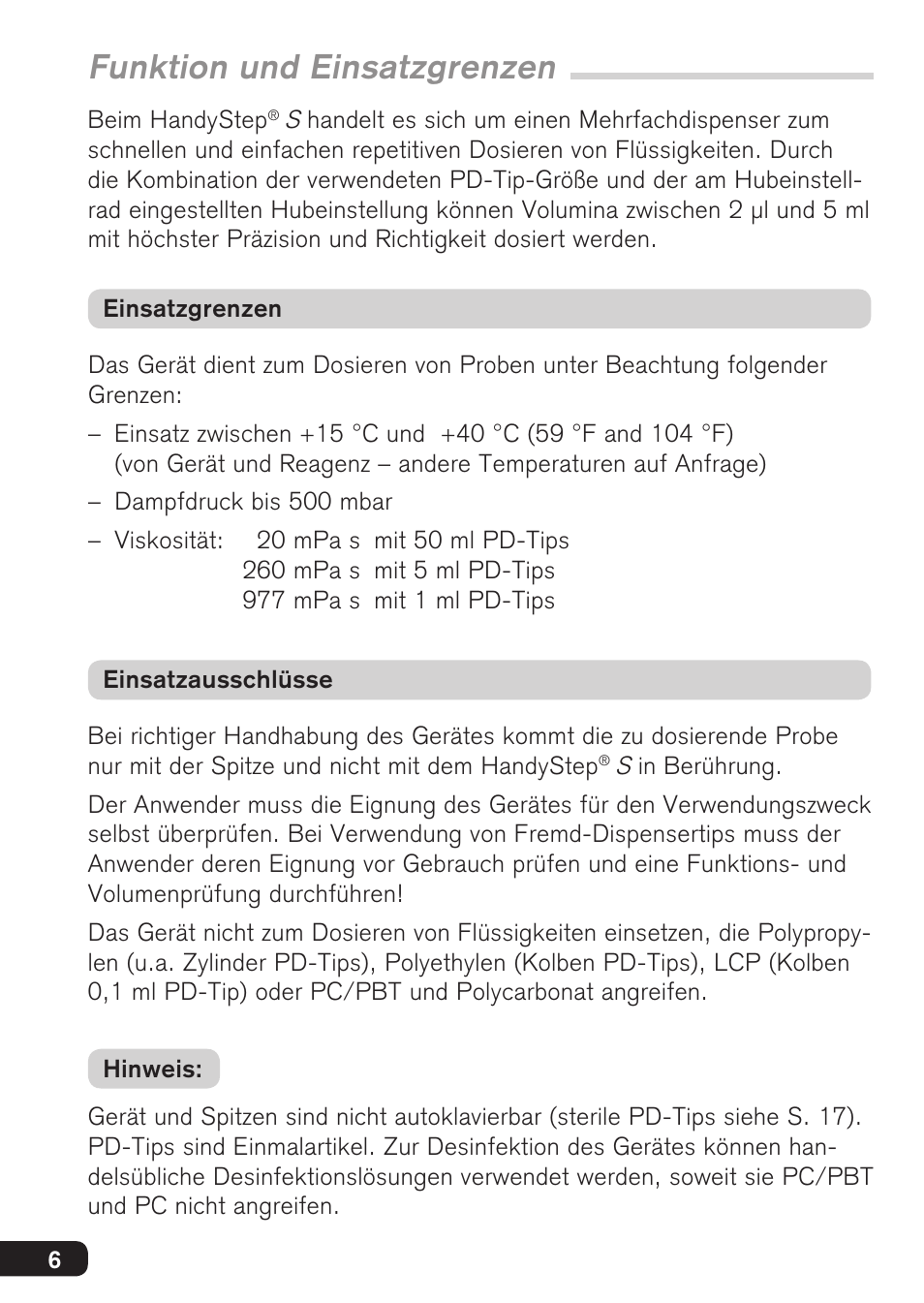 Funktion und einsatzgrenzen | BrandTech Scientific HandyStep S User Manual | Page 6 / 104