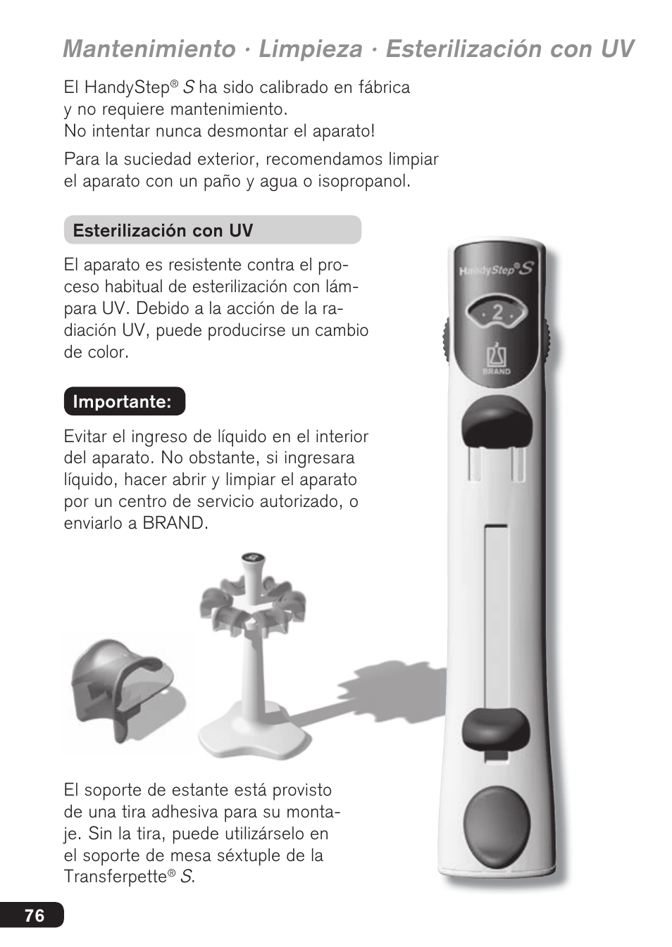 Mantenimiento · limpieza · esterilización con uv | BrandTech Scientific HandyStep S User Manual | Page 76 / 104