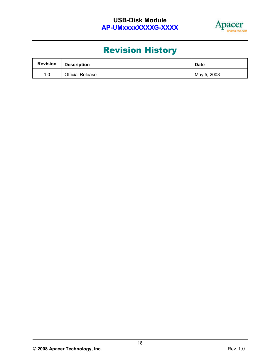 Revision history | Apacer Technology USB-Disk Module Ⅱ User Manual | Page 18 / 19