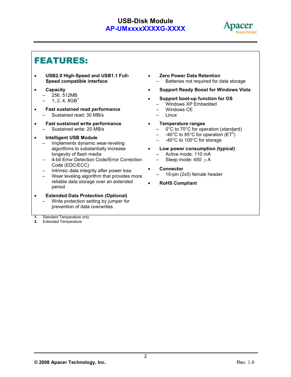 Features | Apacer Technology USB-Disk Module Ⅱ User Manual | Page 2 / 19