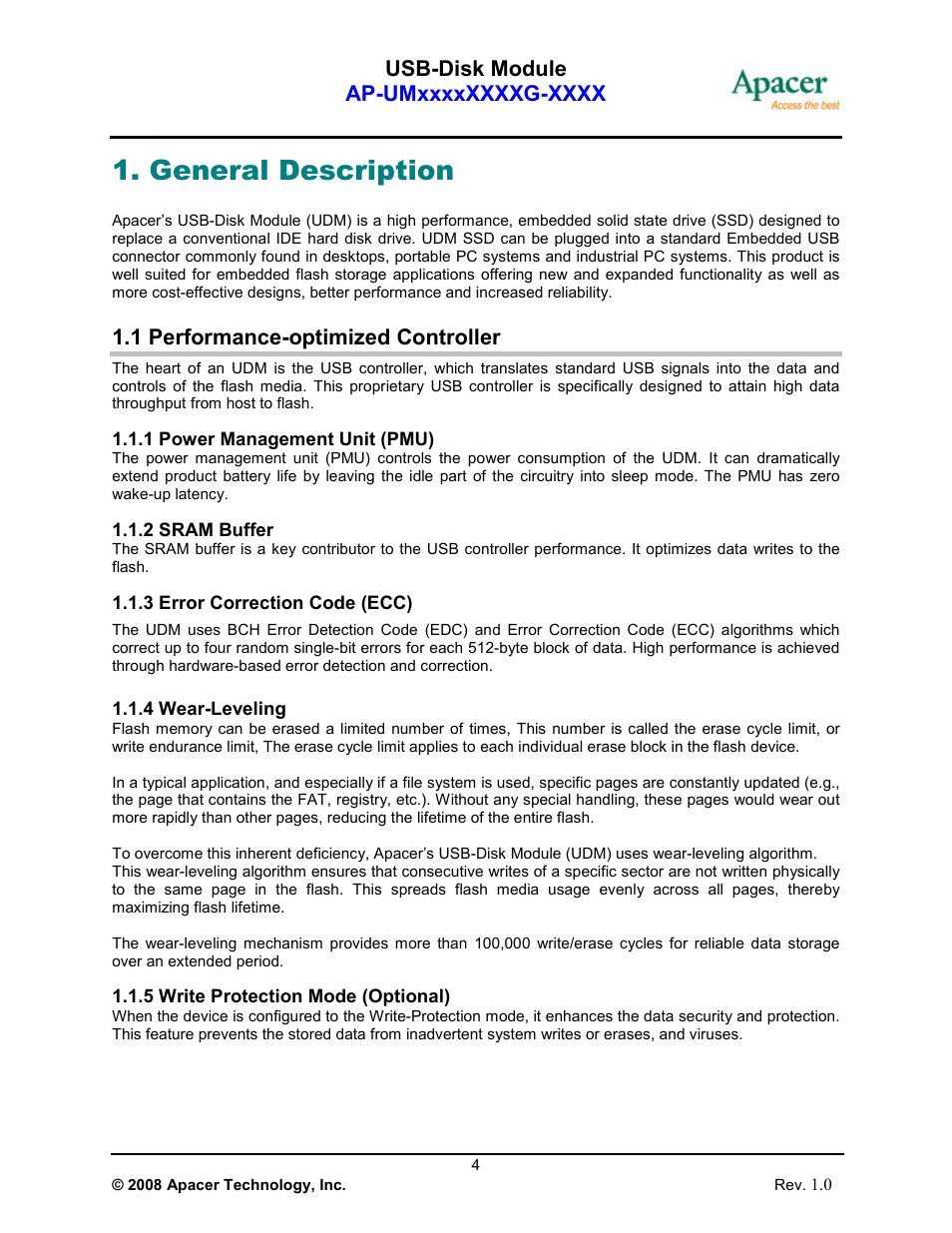 General description, 1 performance-optimized controller | Apacer Technology USB-Disk Module Ⅱ User Manual | Page 4 / 19