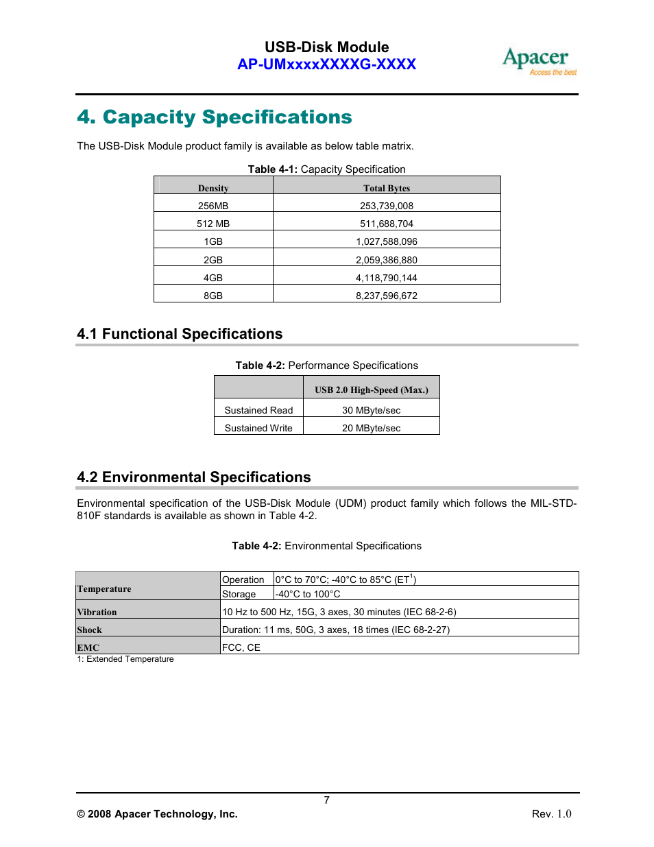 Capacity specifications, 1 functional specifications, 2 environmental specifications | Apacer Technology USB-Disk Module Ⅱ User Manual | Page 7 / 19