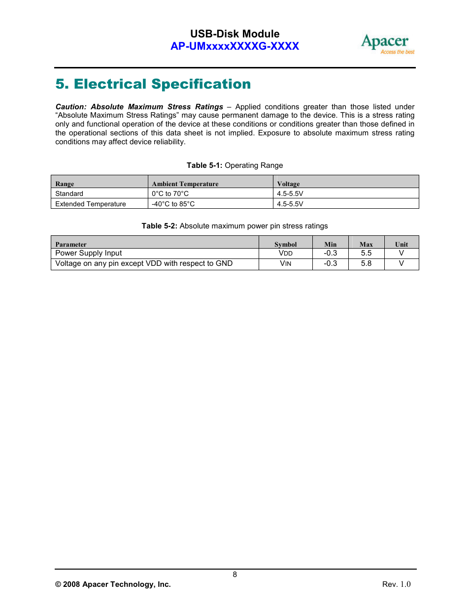 Electrical specification | Apacer Technology USB-Disk Module Ⅱ User Manual | Page 8 / 19