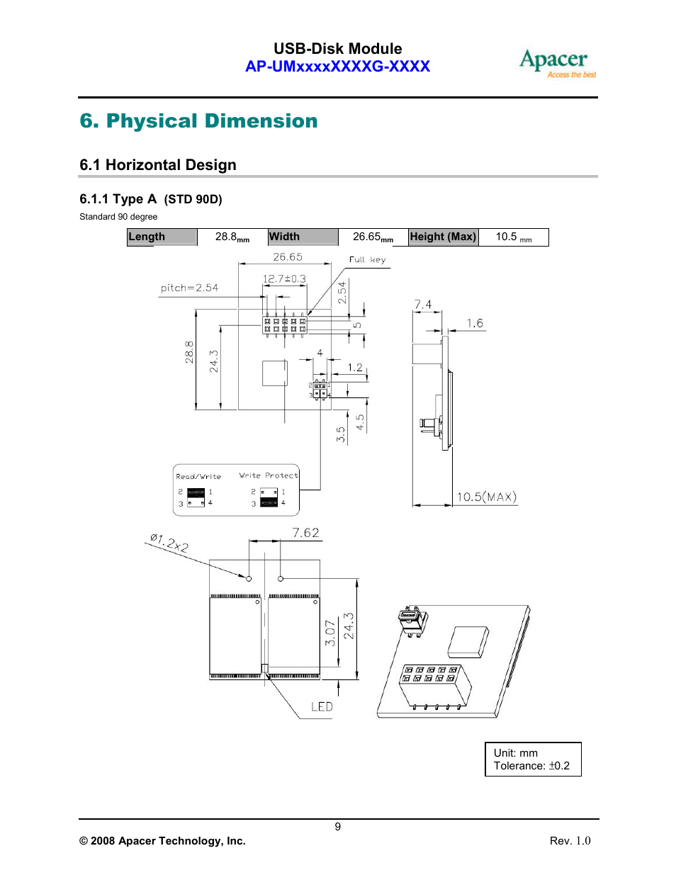 Physical dimension, 1 horizontal design | Apacer Technology USB-Disk Module Ⅱ User Manual | Page 9 / 19