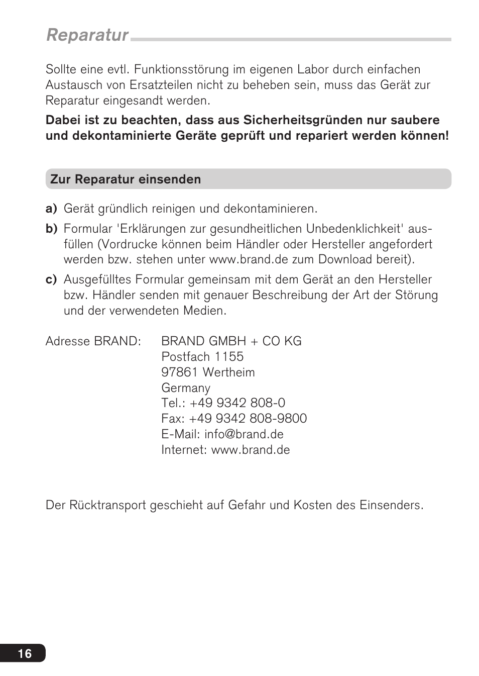 Reparatur | BrandTech Scientific macro User Manual | Page 16 / 84