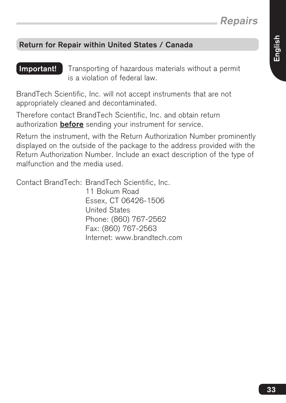 Repairs | BrandTech Scientific macro User Manual | Page 33 / 84
