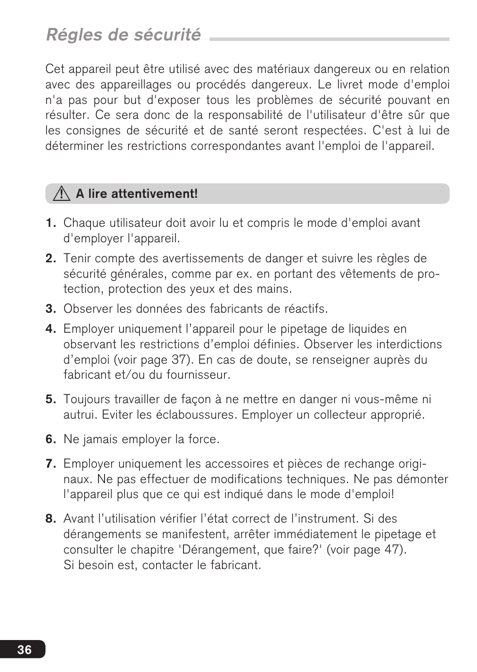 Régles de sécurité | BrandTech Scientific macro User Manual | Page 36 / 84