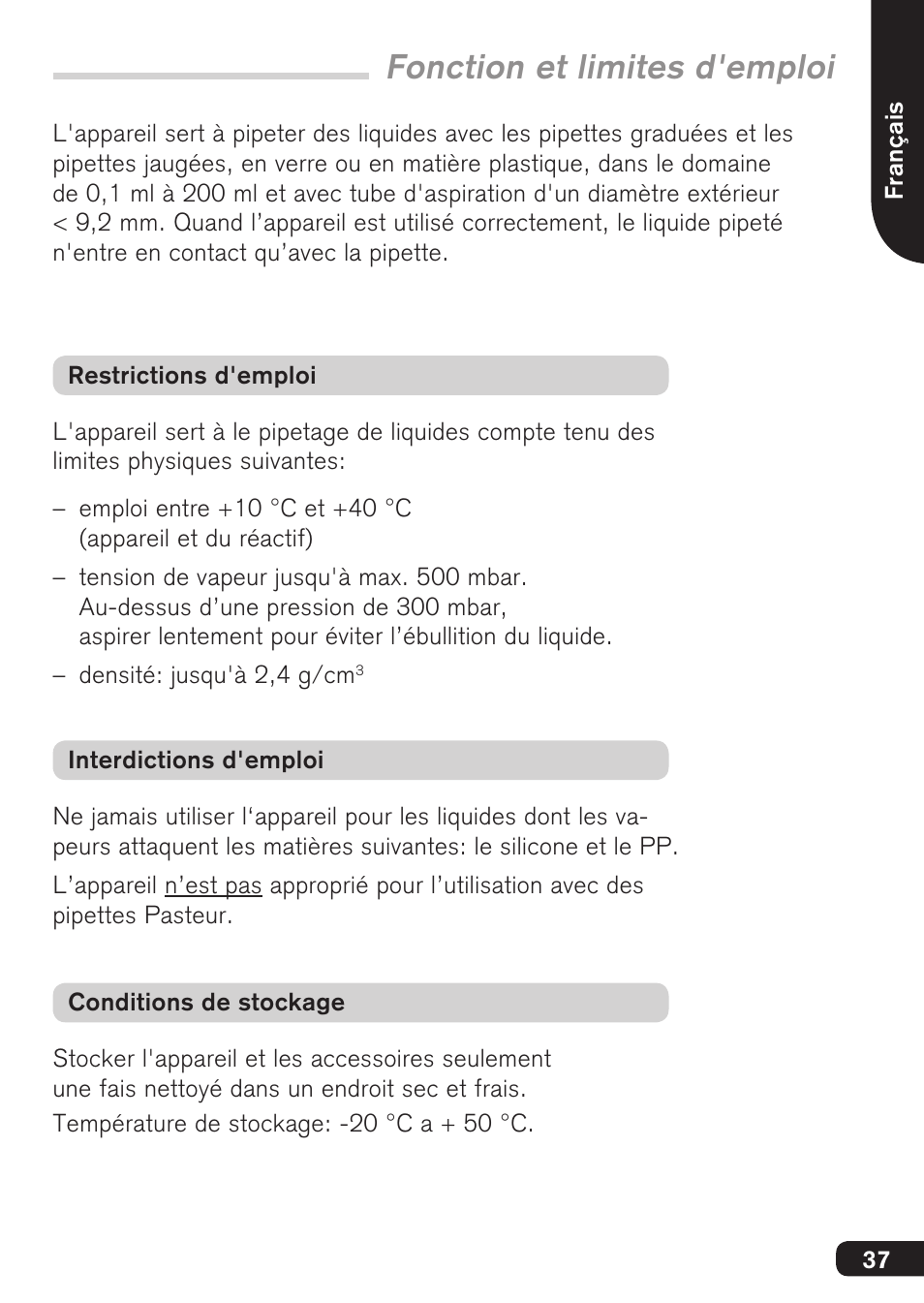 Fonction et limites d'emploi | BrandTech Scientific macro User Manual | Page 37 / 84