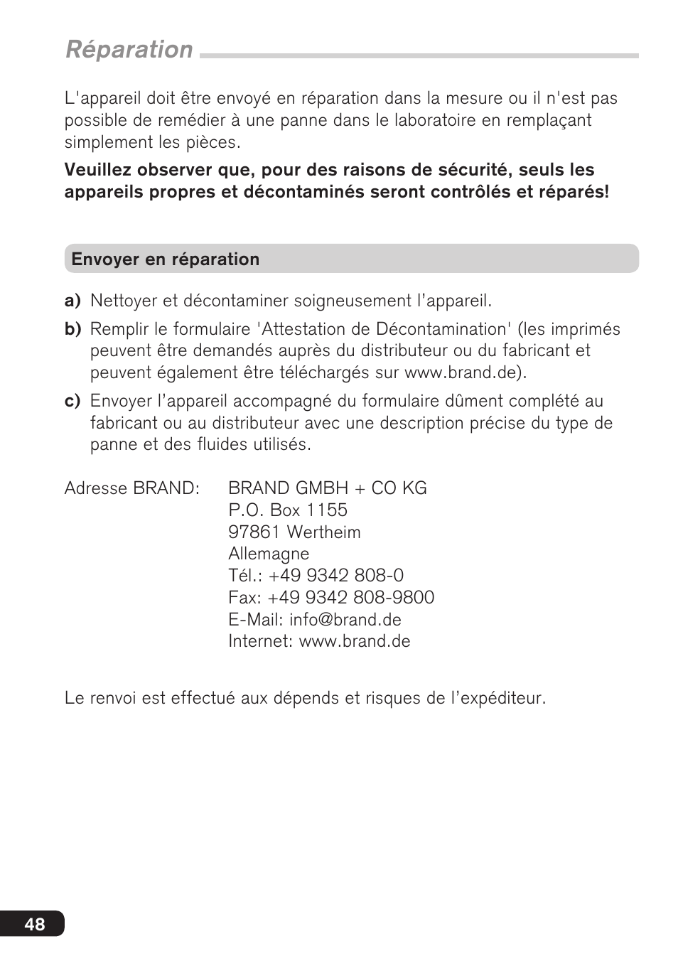 Réparation | BrandTech Scientific macro User Manual | Page 48 / 84
