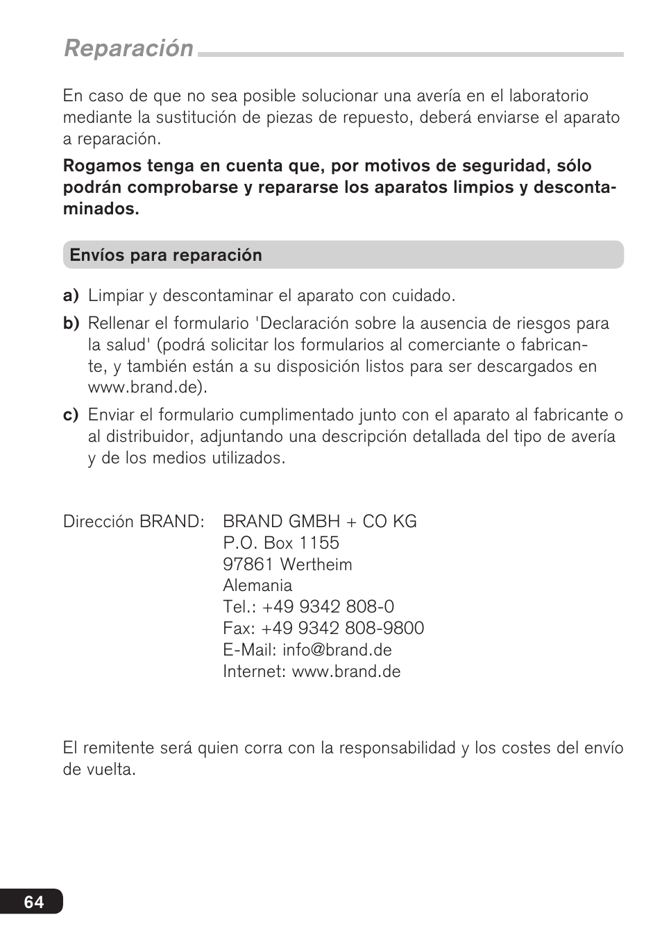 Reparación | BrandTech Scientific macro User Manual | Page 64 / 84