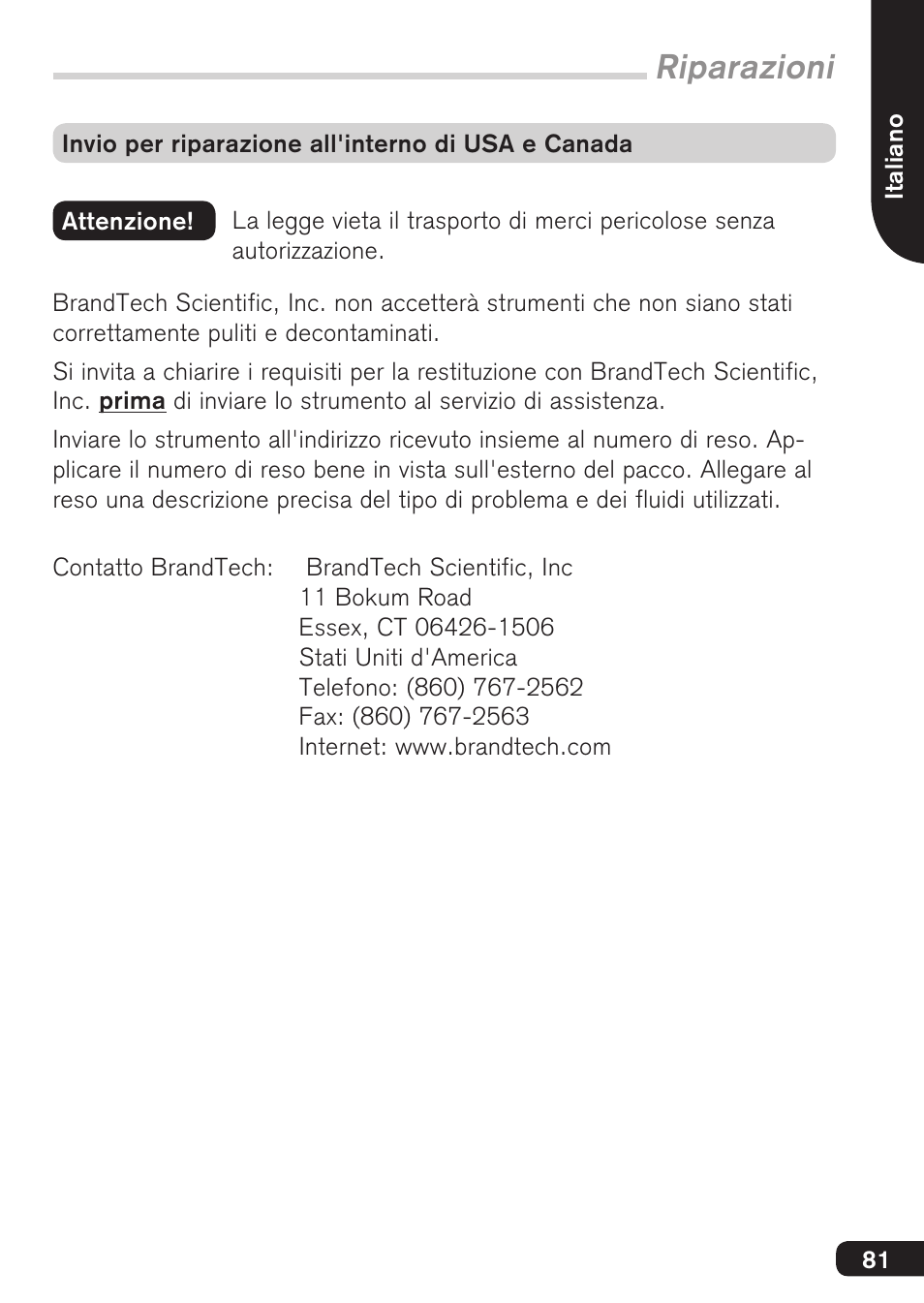 Riparazioni | BrandTech Scientific macro User Manual | Page 81 / 84