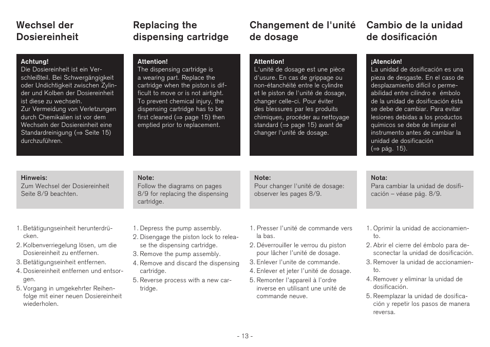 Wechsel der dosiereinheit, Replacing the dispensing cartridge, Changement de l'unité de dosage | Cambio de la unidad de dosificación | BrandTech Scientific QuikSip BT-Aspirator User Manual | Page 13 / 28