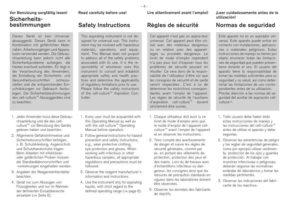Normas de seguridad, Règles de sécurité sicherheits- bestimmungen, Safety instructions | BrandTech Scientific QuikSip BT-Aspirator User Manual | Page 4 / 28